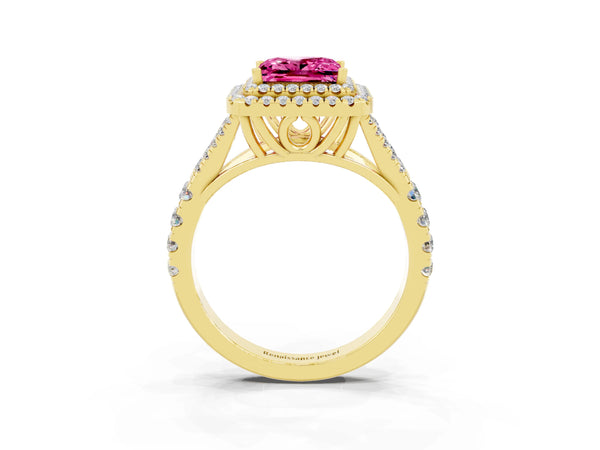 Yellow gold Princess Cut Pink Sapphire Pavé Split Shank Double Halo Engagement Ring