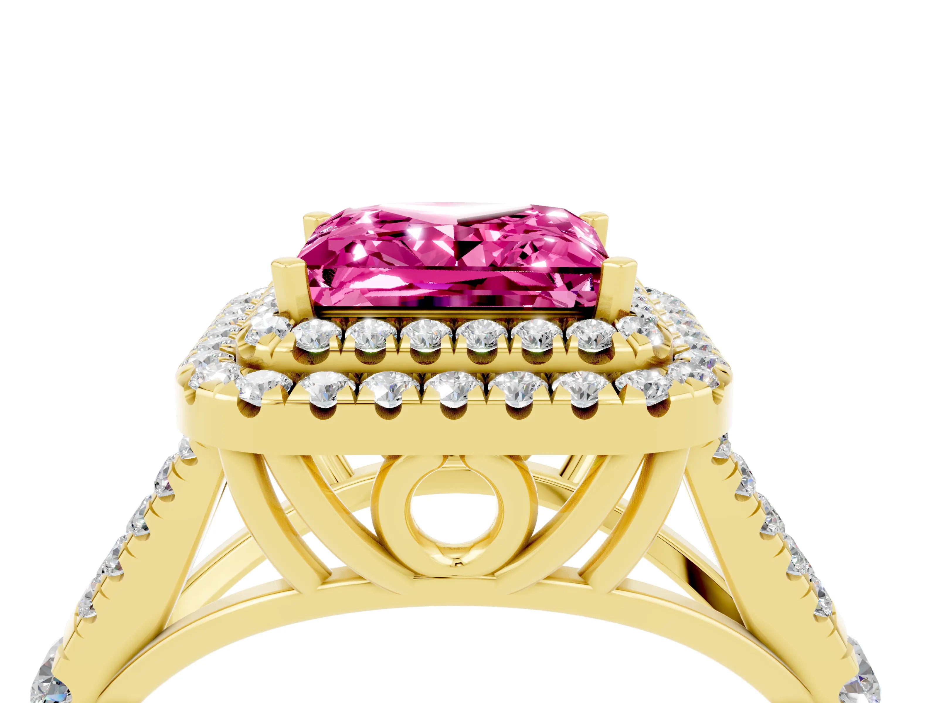 Yellow gold Princess Cut Pink Sapphire Pavé Split Shank Double Halo Engagement Ring_4