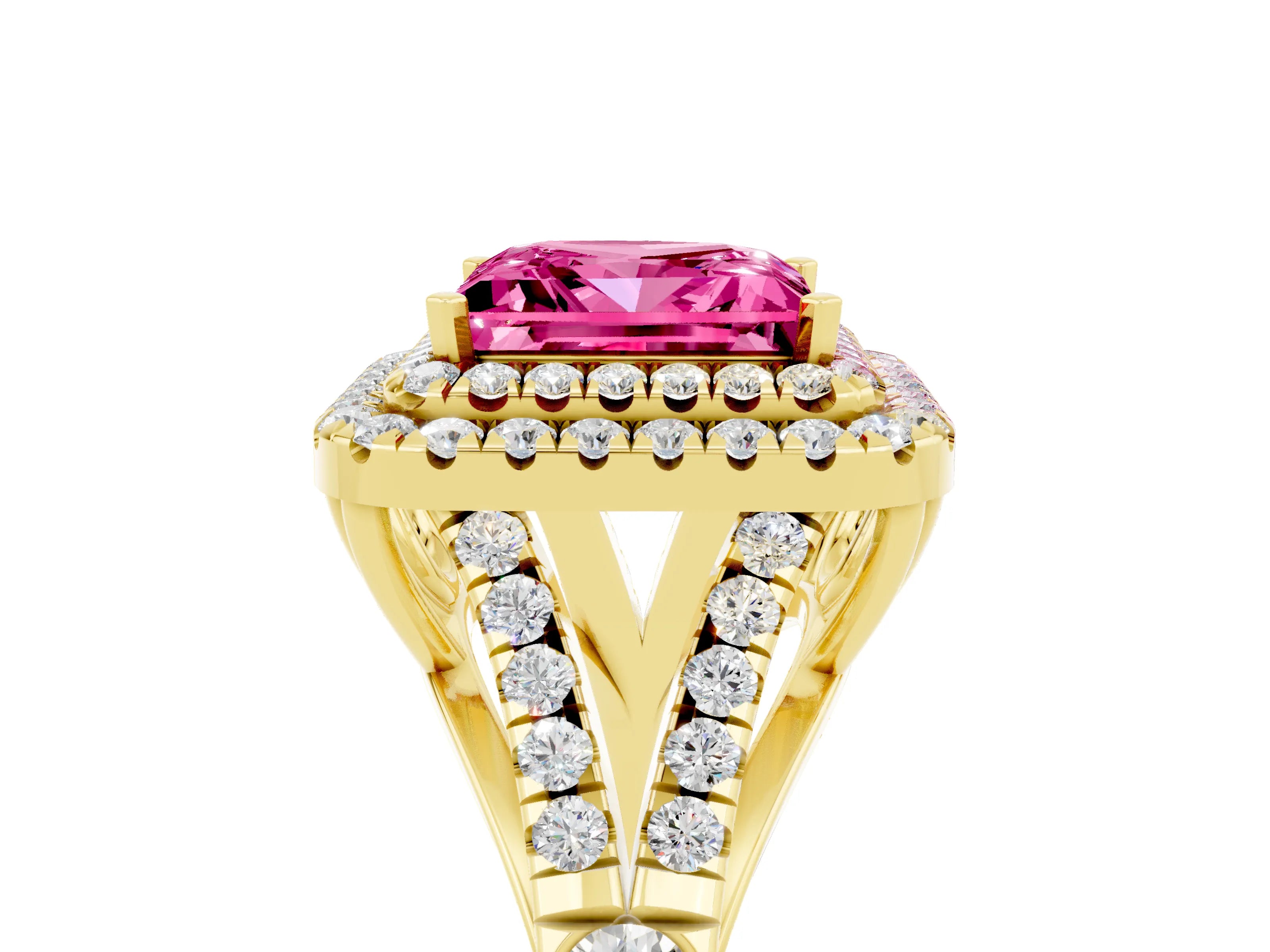 Yellow gold Princess Cut Pink Sapphire Pavé Split Shank Double Halo Engagement Ring_5