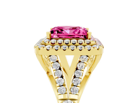 Yellow gold Princess Cut Pink Sapphire Pavé Split Shank Double Halo Engagement Ring_5
