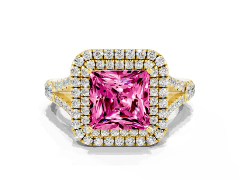 Yellow gold Princess Cut Pink Sapphire Pavé Split Shank Double Halo Engagement Ring