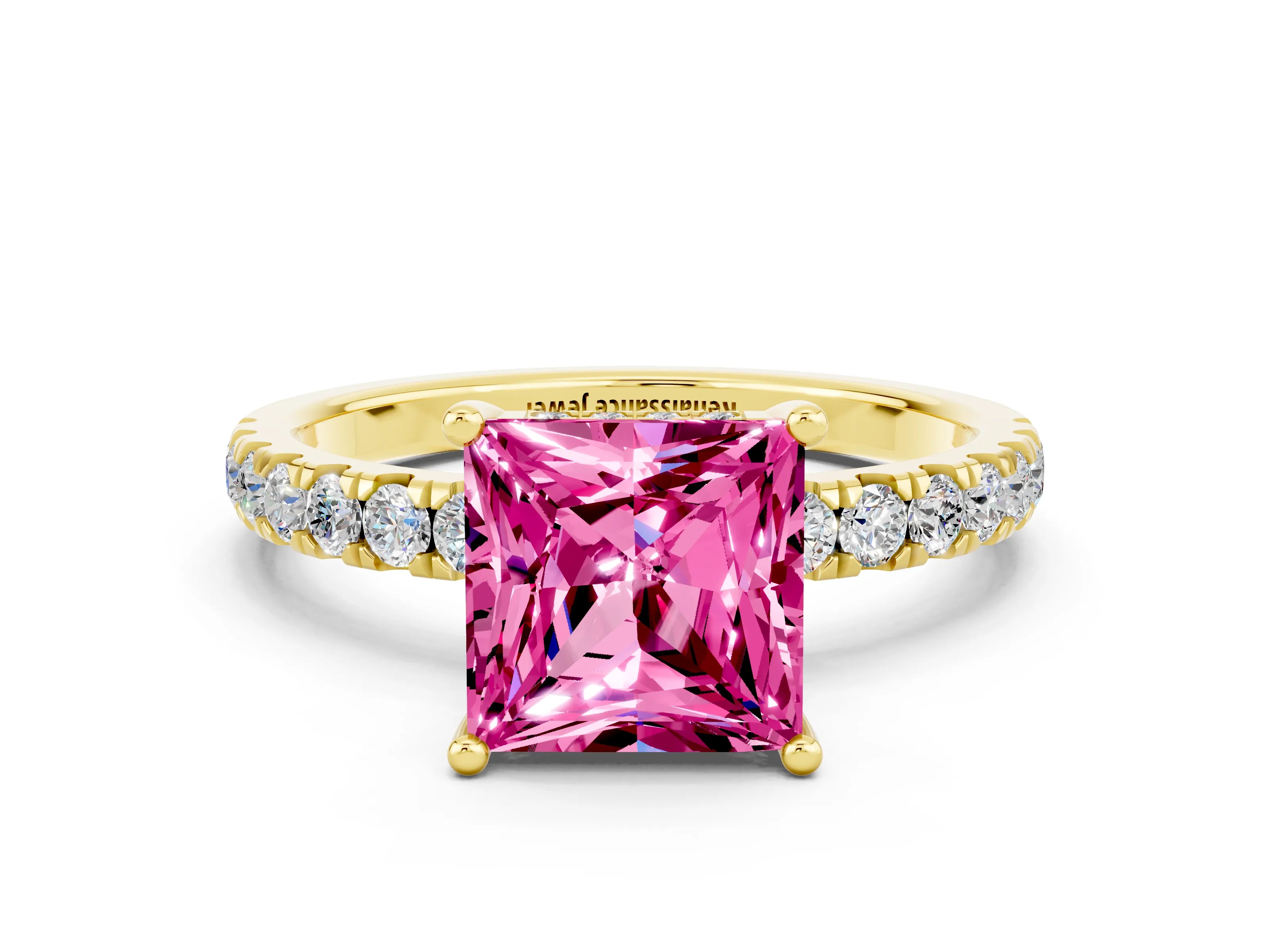 Yellow gold Princess Cut Pink Sapphire Pave Band Solitaire Ring with Four-Prong Setting_12