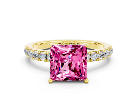 Yellow gold Princess Cut Pink Sapphire Pave Band Solitaire Ring with Four-Prong Setting_12