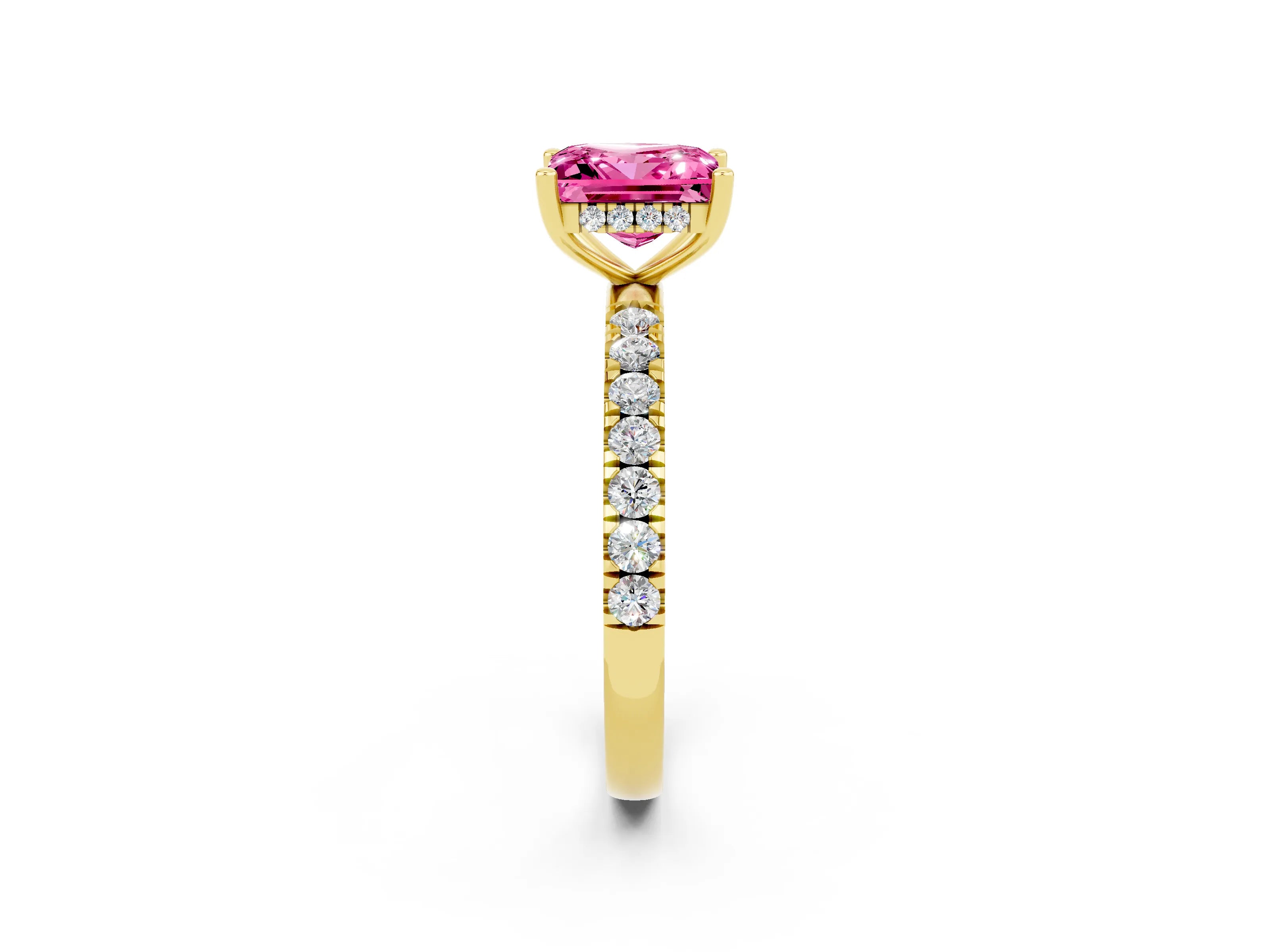 Yellow gold Princess Cut Pink Sapphire Pave Band Solitaire Ring with Four-Prong Setting_14
