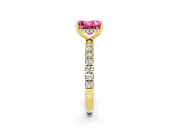 Yellow gold Princess Cut Pink Sapphire Pave Band Solitaire Ring with Round  and Prong Setting