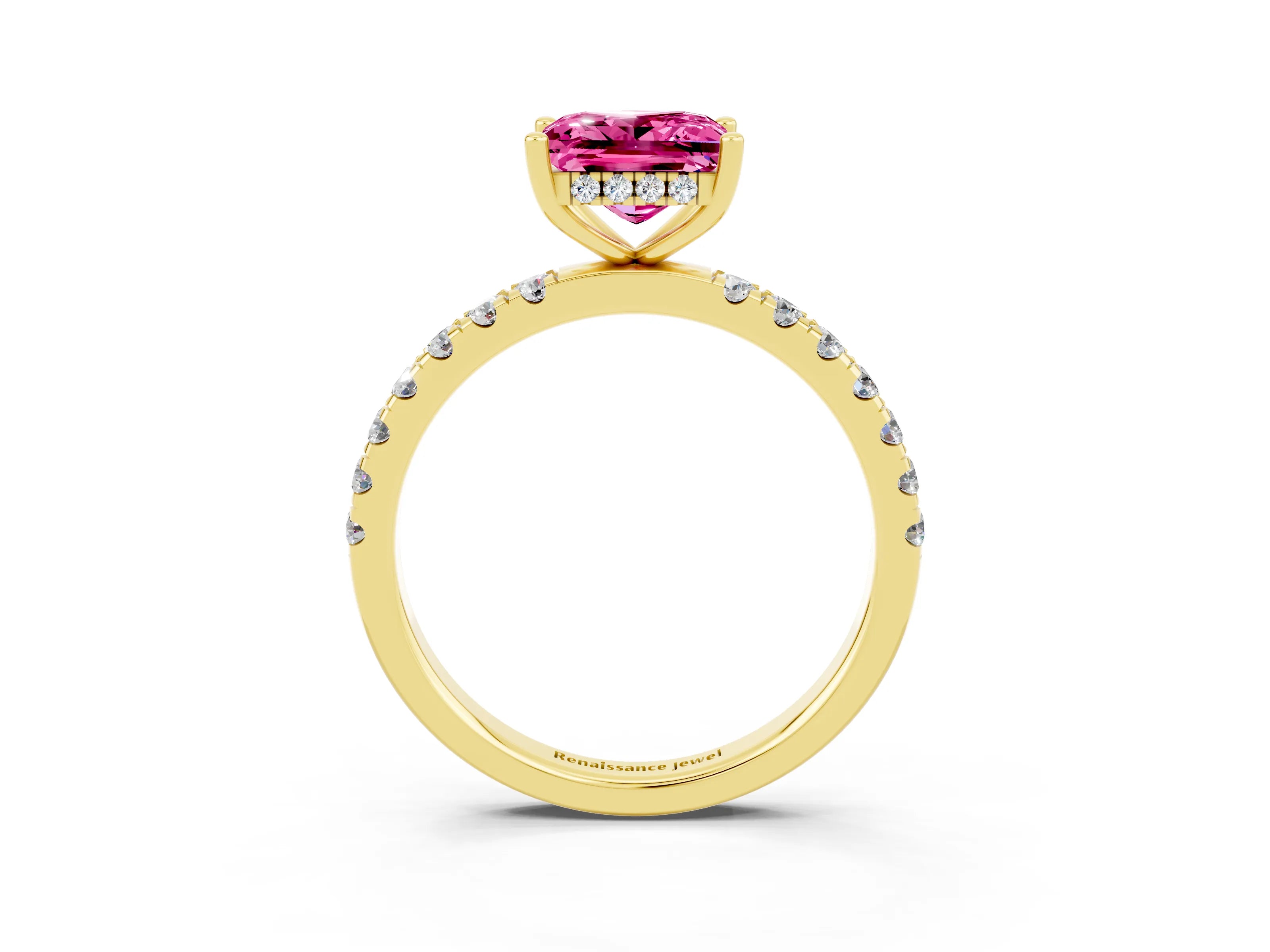 Yellow gold Princess Cut Pink Sapphire Pave Band Solitaire Ring with Four-Prong Setting_15