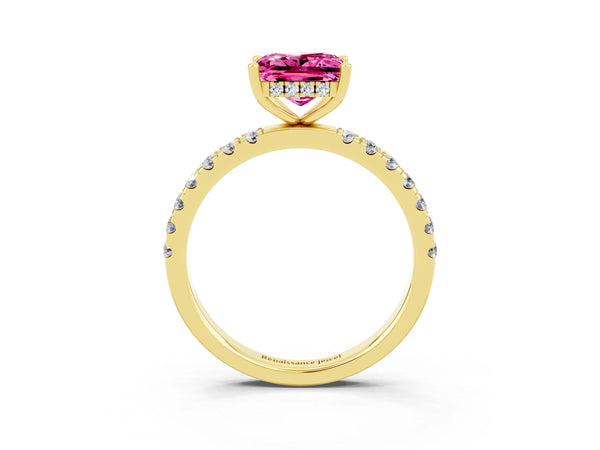 Yellow gold Princess Cut Pink Sapphire Pave Band Solitaire Ring with Round  and Prong Setting