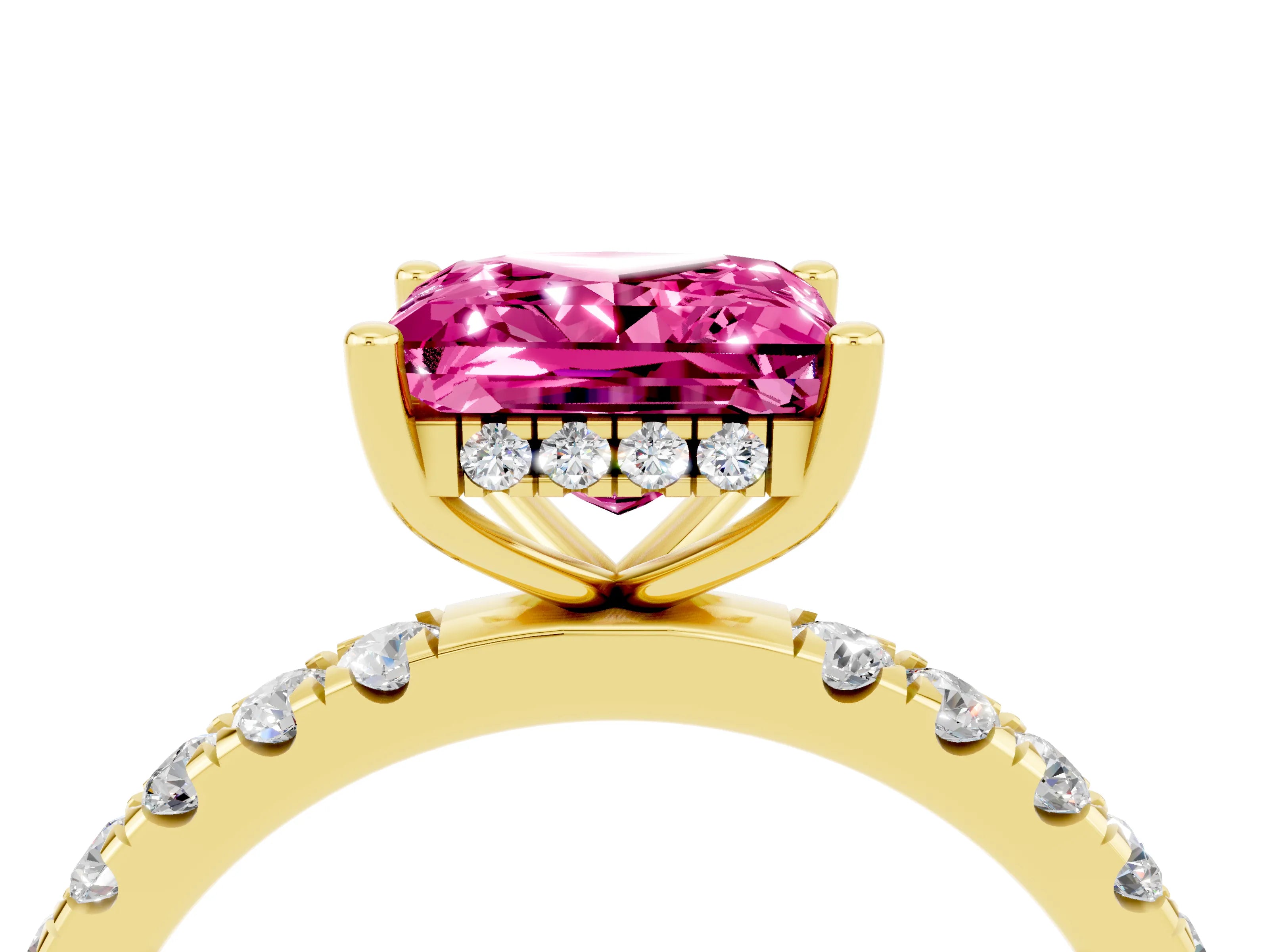 Yellow gold Princess Cut Pink Sapphire Pave Band Solitaire Ring with Four-Prong Setting_16