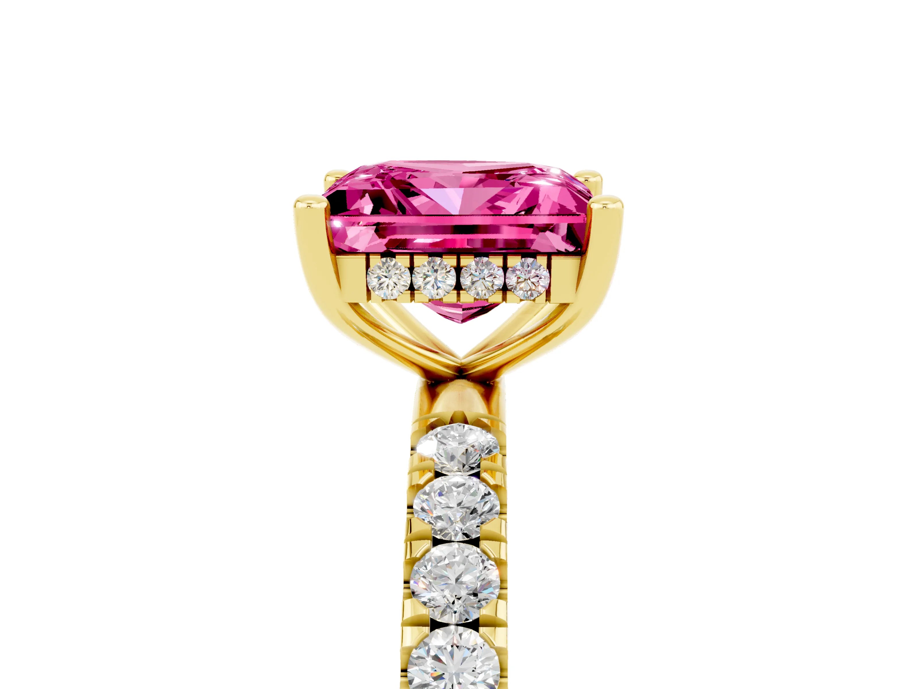 Yellow gold Princess Cut Pink Sapphire Pave Band Solitaire Ring with Four-Prong Setting_17