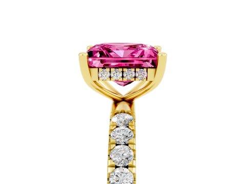 Yellow gold Princess Cut Pink Sapphire Pave Band Solitaire Ring with Four-Prong Setting_17