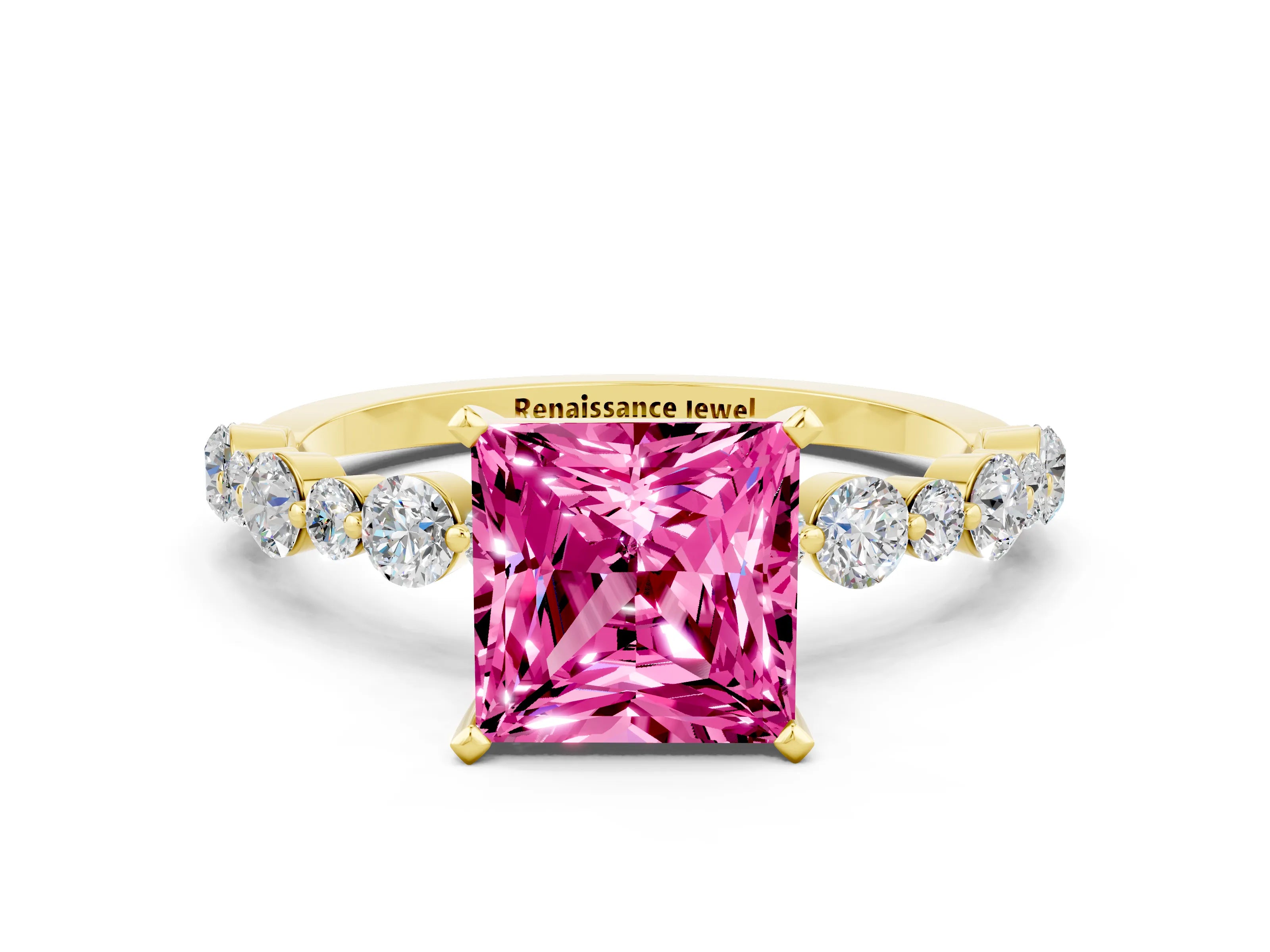 Yellow gold Princess Cut Pink Sapphire Prong Set Engagement Ring with Pavé Band_12