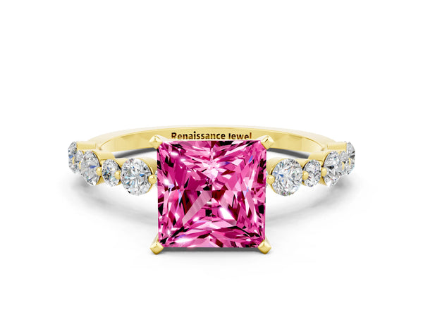 Yellow gold Princess Cut Pink Sapphire Prong Set Engagement Ring with Pavé Band