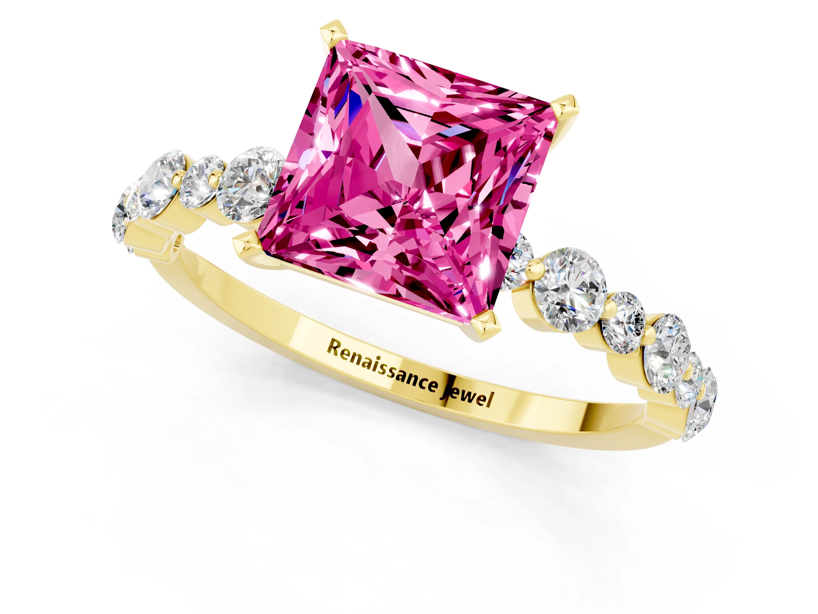 Yellow gold Princess Cut Pink Sapphire Prong Set Engagement Ring with Pavé Band_13