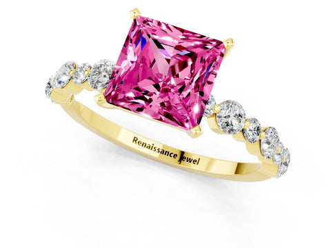 Yellow gold Princess Cut Pink Sapphire Prong Set Engagement Ring with Pavé Band_13