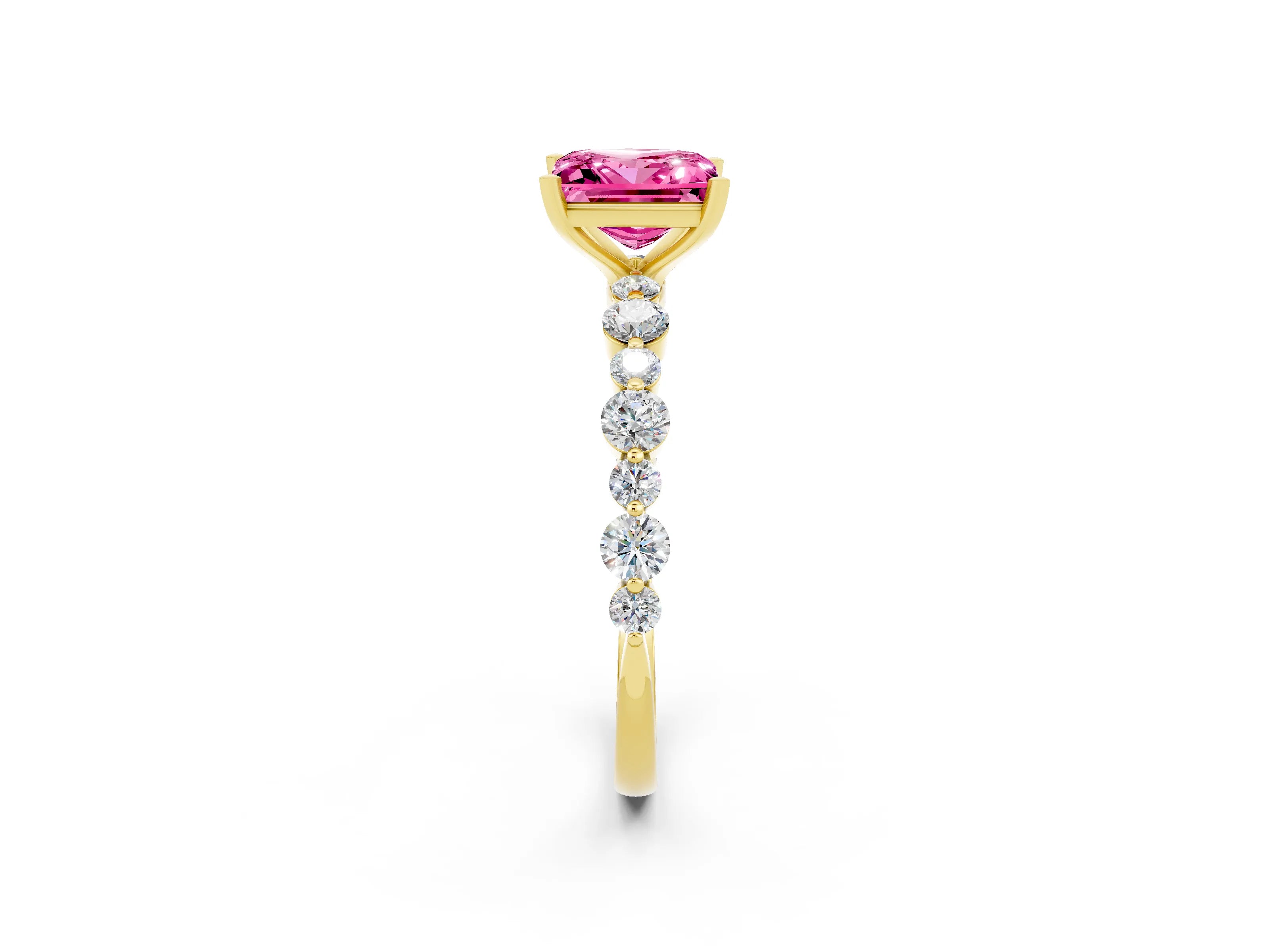 Yellow gold Princess Cut Pink Sapphire Prong Set Engagement Ring with Pavé Band_14