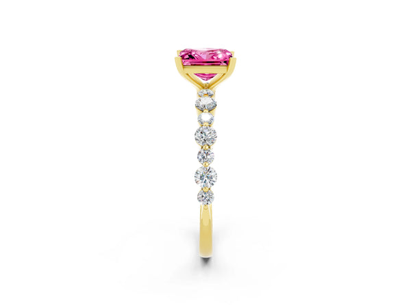Yellow gold Princess Cut Pink Sapphire Prong Set Engagement Ring with Pavé Band