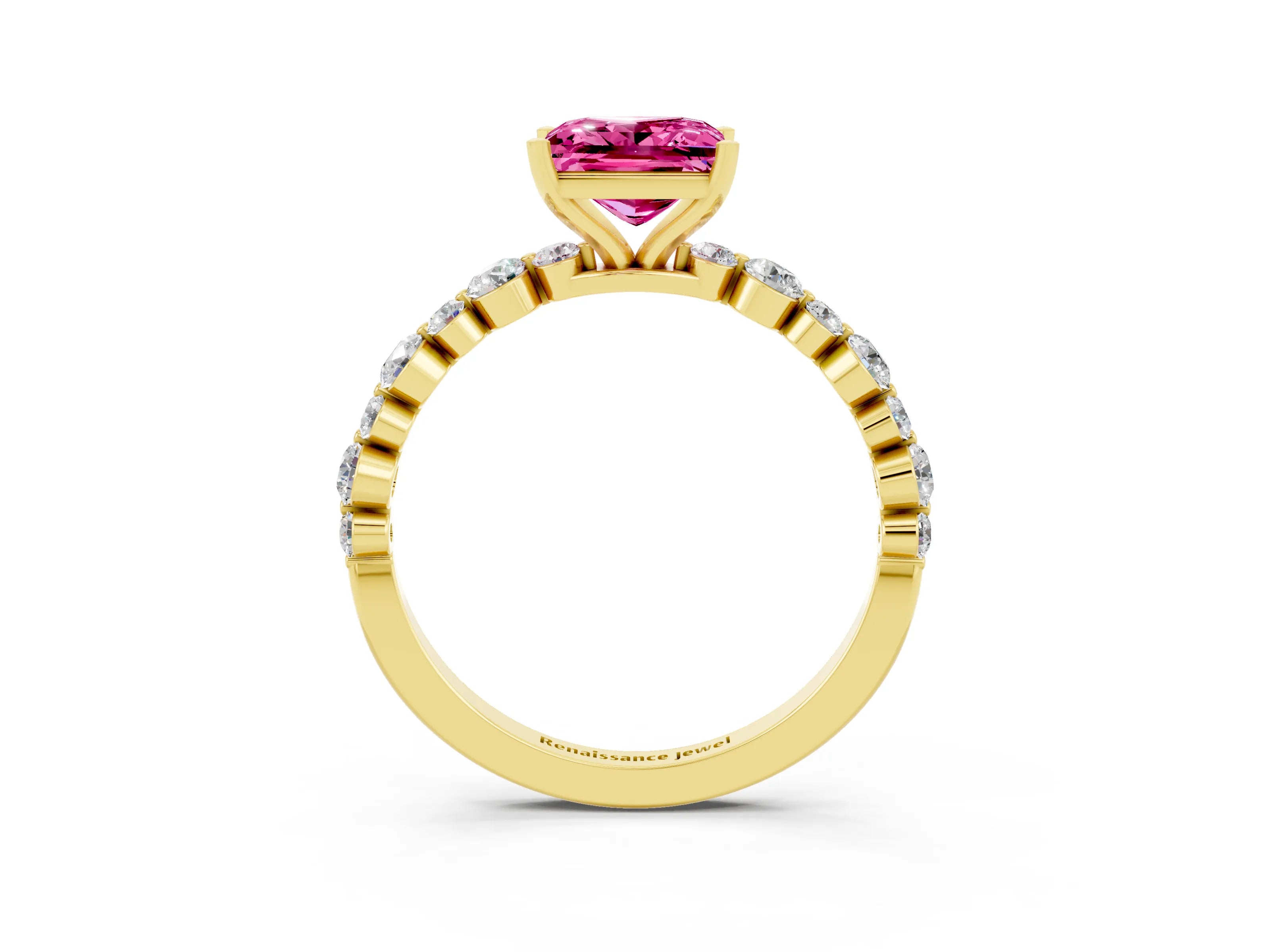 Yellow gold Princess Cut Pink Sapphire Prong Set Engagement Ring with Pavé Band_15