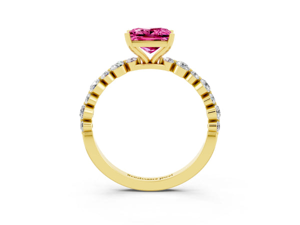 Yellow gold Princess Cut Pink Sapphire Prong Set Engagement Ring with Pavé Band