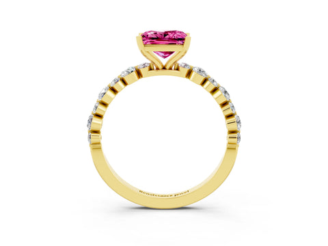 Yellow gold Princess Cut Pink Sapphire Prong Set Engagement Ring with Pavé Band_15