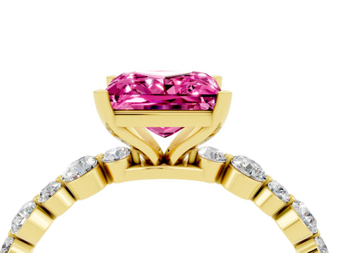 Yellow gold Princess Cut Pink Sapphire Prong Set Engagement Ring with Pavé Band_16
