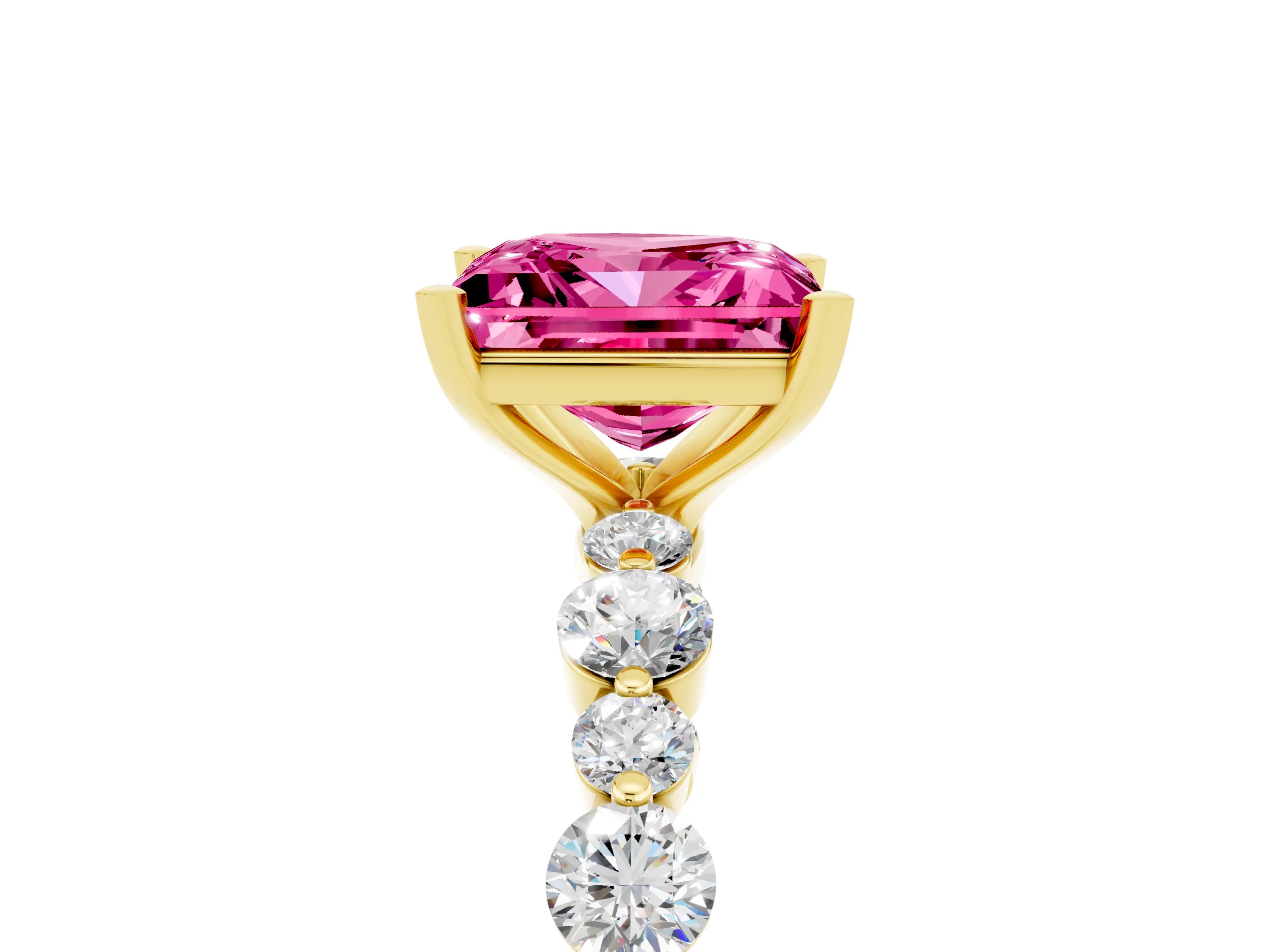 Yellow gold Princess Cut Pink Sapphire Prong Set Engagement Ring with Pavé Band_17