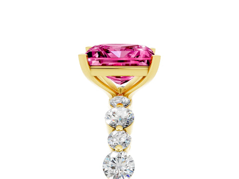 Yellow gold Princess Cut Pink Sapphire Prong Set Engagement Ring with Pavé Band_17
