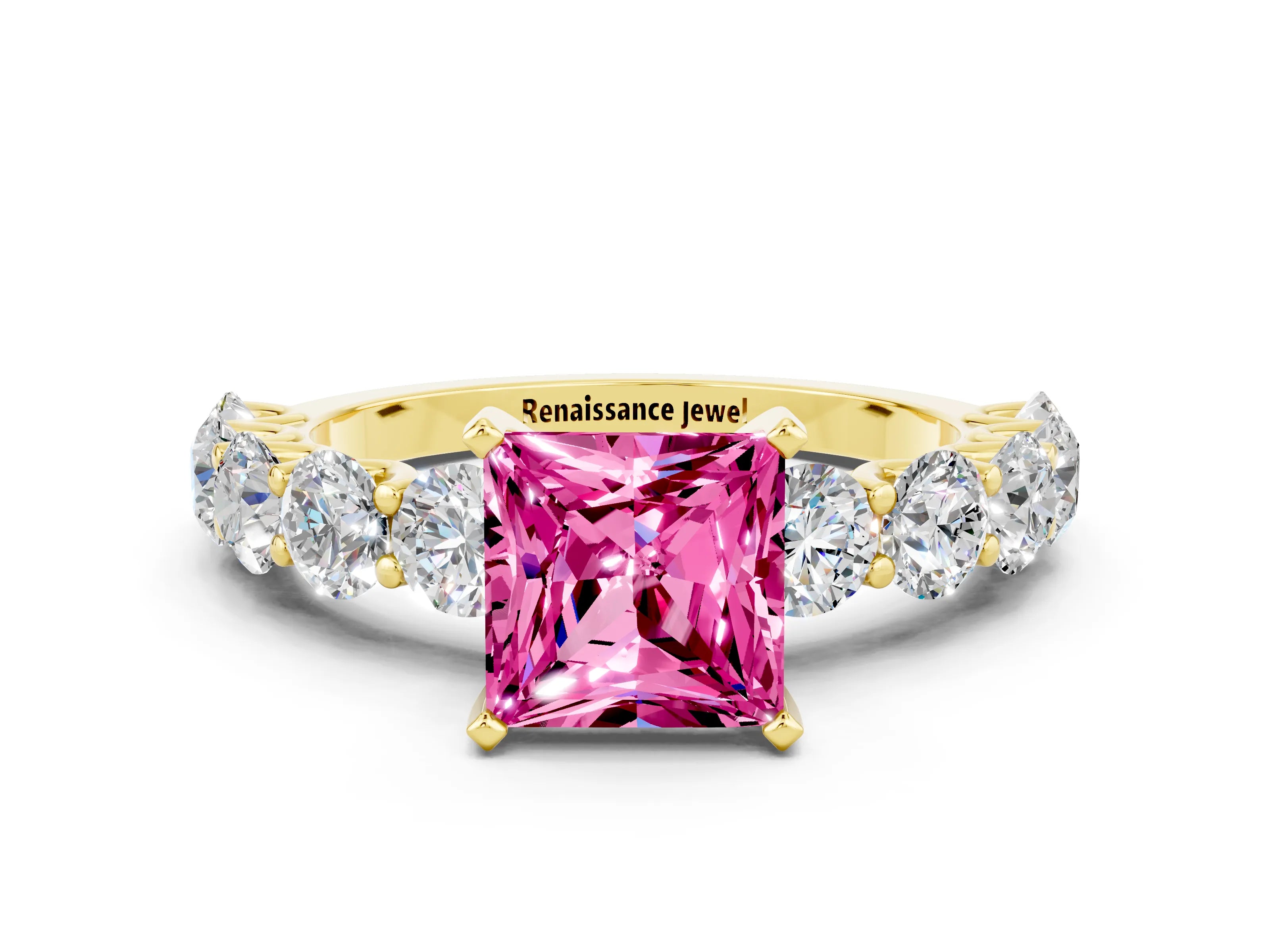 Yellow gold Princess Cut Pink Sapphire Prong Setting with Side Stones on a Pave Band_24