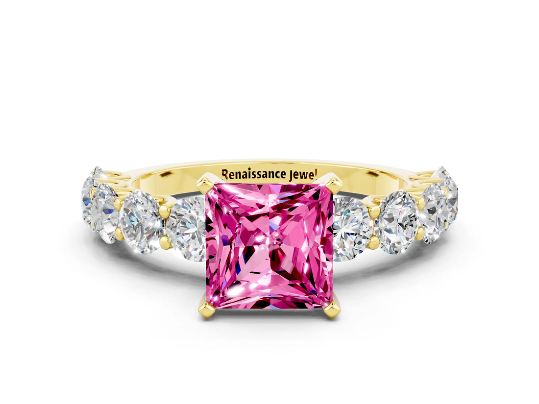Yellow gold Princess Cut Pink Sapphire Prong Setting with Side Stones on a Pave Band_24
