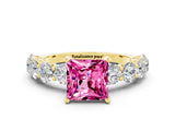 Yellow gold Princess Cut Pink Sapphire Prong Setting with Side Stones on a Pave Band_24