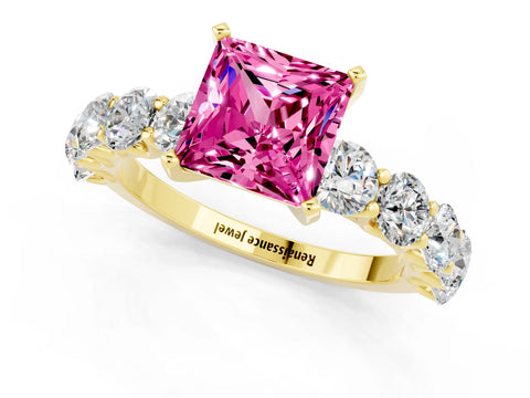 Yellow gold Princess Cut Pink Sapphire Prong Setting with Side Stones on a Pave Band_25