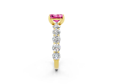 Yellow gold Princess Cut Pink Sapphire Prong Setting with Side Stones on a Pave Band_26
