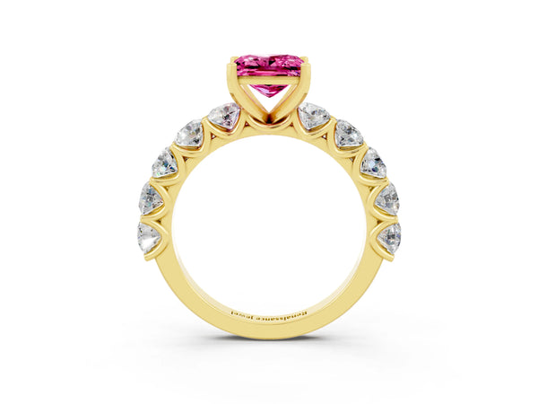 Yellow gold Princess Cut Pink Sapphire Prong Setting with Side Stones on a Pave Band