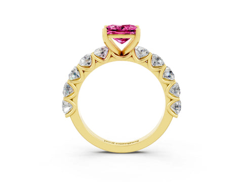 Yellow gold Princess Cut Pink Sapphire Prong Setting with Side Stones on a Pave Band_27