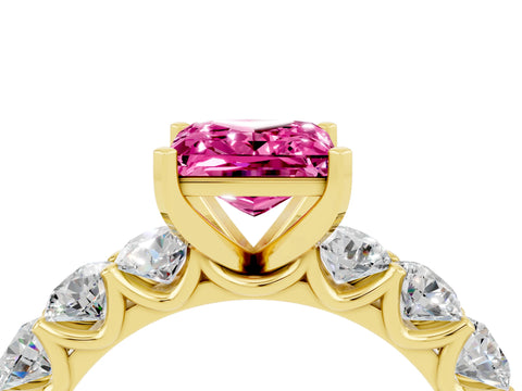 Yellow gold Princess Cut Pink Sapphire Prong Setting with Side Stones on a Pave Band_28