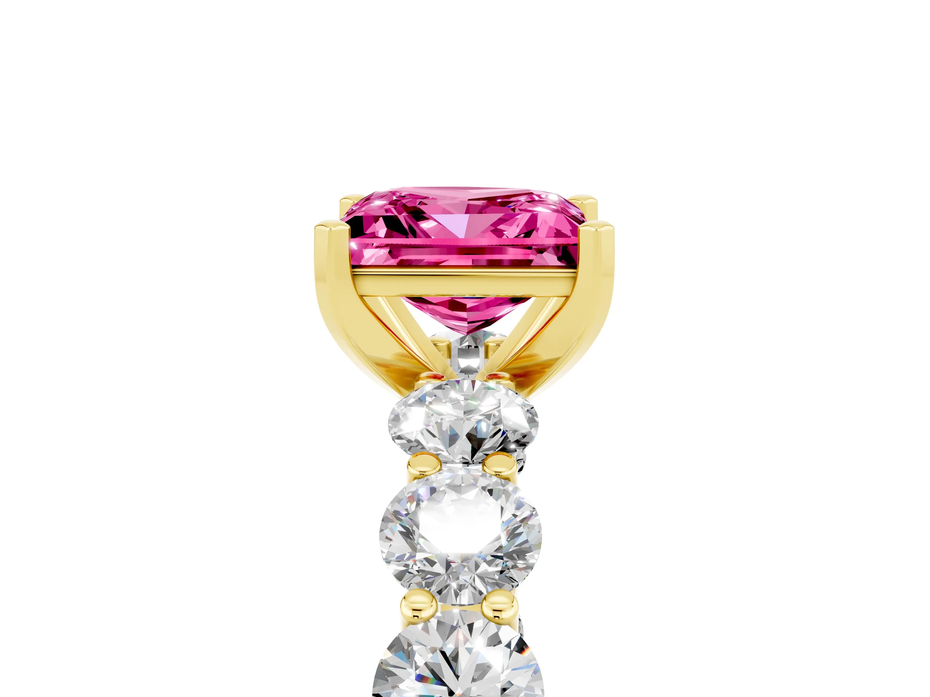 Yellow gold Princess Cut Pink Sapphire Prong Setting with Side Stones on a Pave Band_29