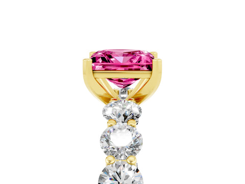 Yellow gold Princess Cut Pink Sapphire Prong Setting with Side Stones on a Pave Band_29
