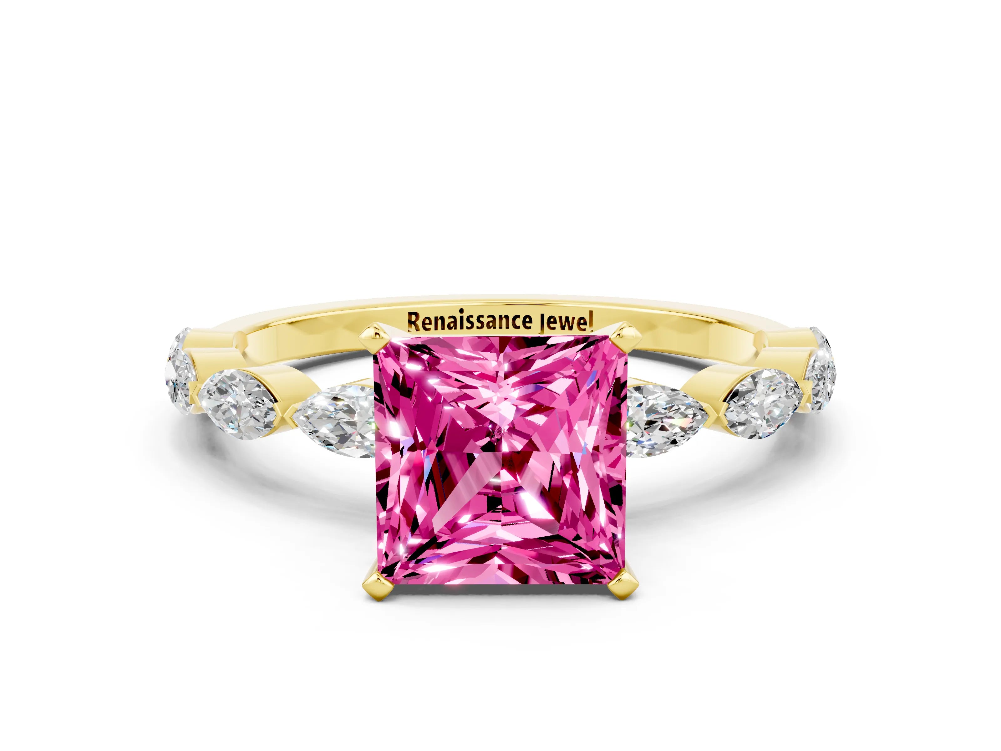 Yellow gold Princess Cut Pink Sapphire Ring with Marquise Side Stones and Prong Setting_12