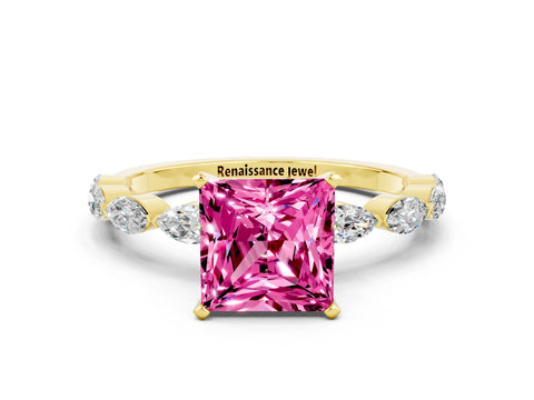 Yellow gold Princess Cut Pink Sapphire Ring with Marquise Side Stones and Prong Setting_12