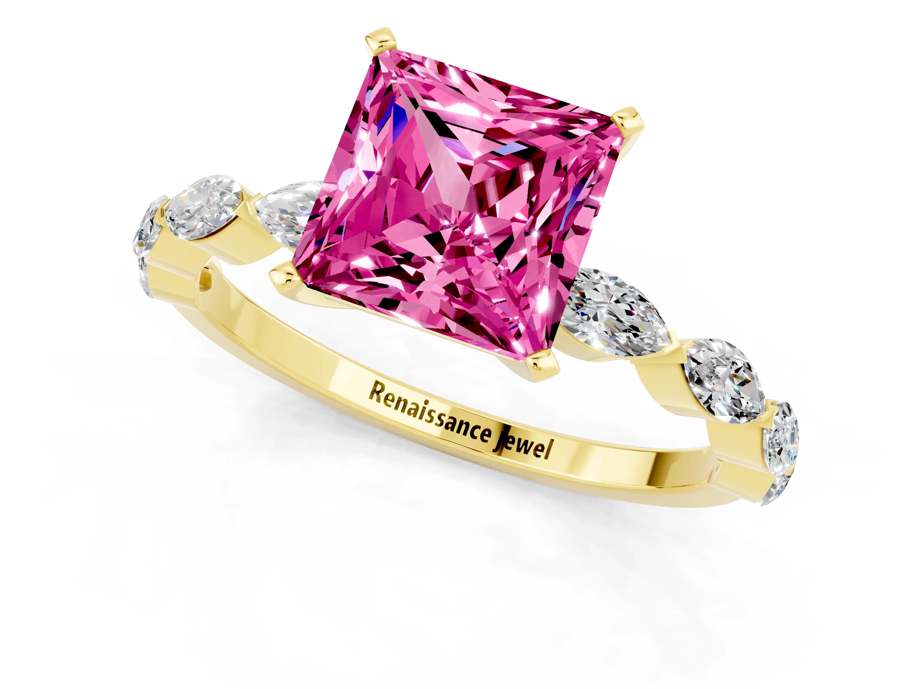 Yellow gold Princess Cut Pink Sapphire Ring with Marquise Side Stones and Prong Setting_13