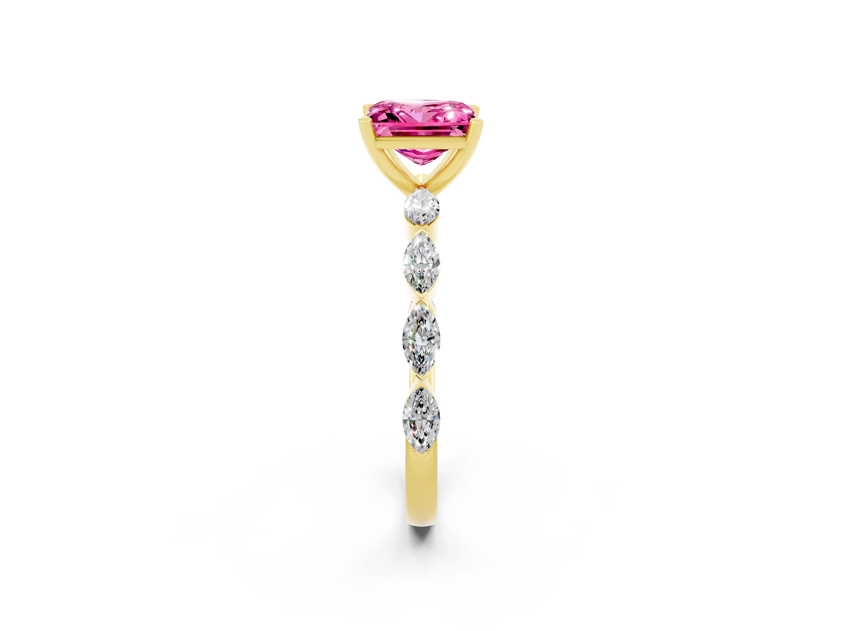 Yellow gold Princess Cut Pink Sapphire Ring with Marquise Side Stones and Prong Setting_14