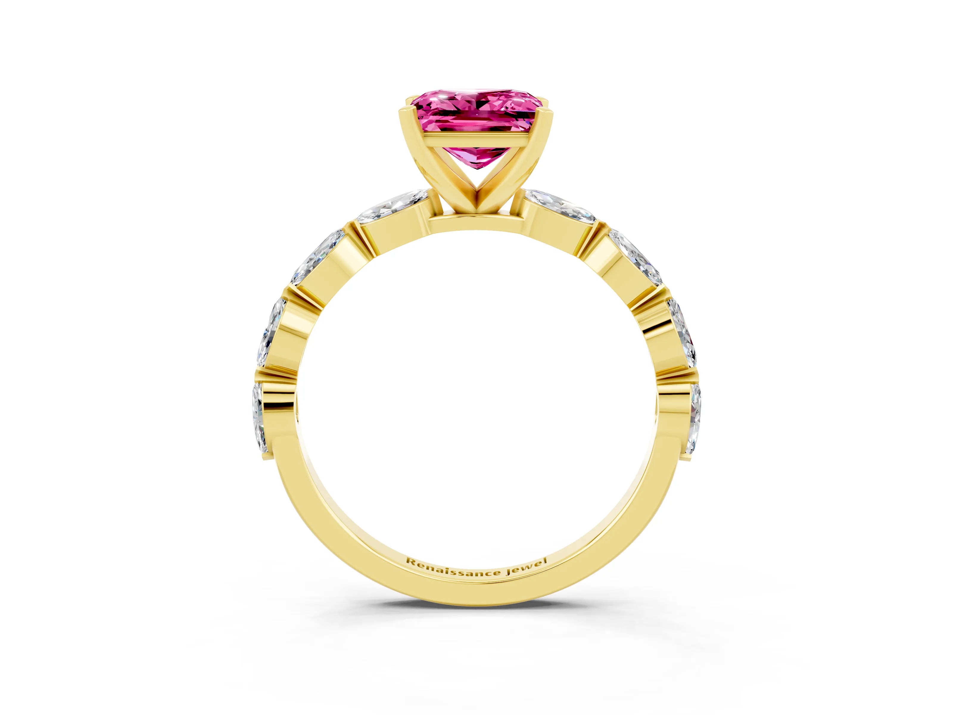 Yellow gold Princess Cut Pink Sapphire Ring with Marquise Side Stones and Prong Setting_15