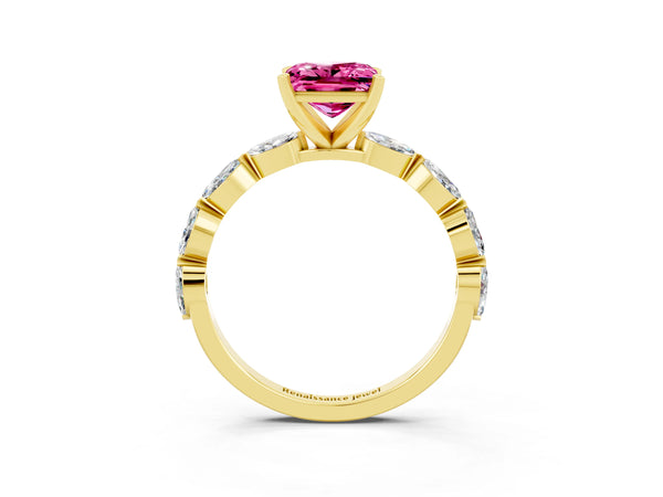 Yellow gold Princess Cut Pink Sapphire Ring with Marquise Side Stones and Prong Setting