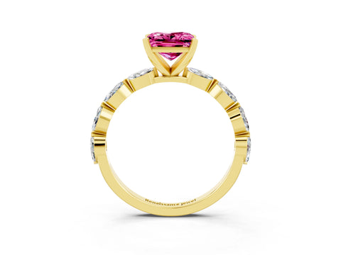 Yellow gold Princess Cut Pink Sapphire Ring with Marquise Side Stones and Prong Setting_15