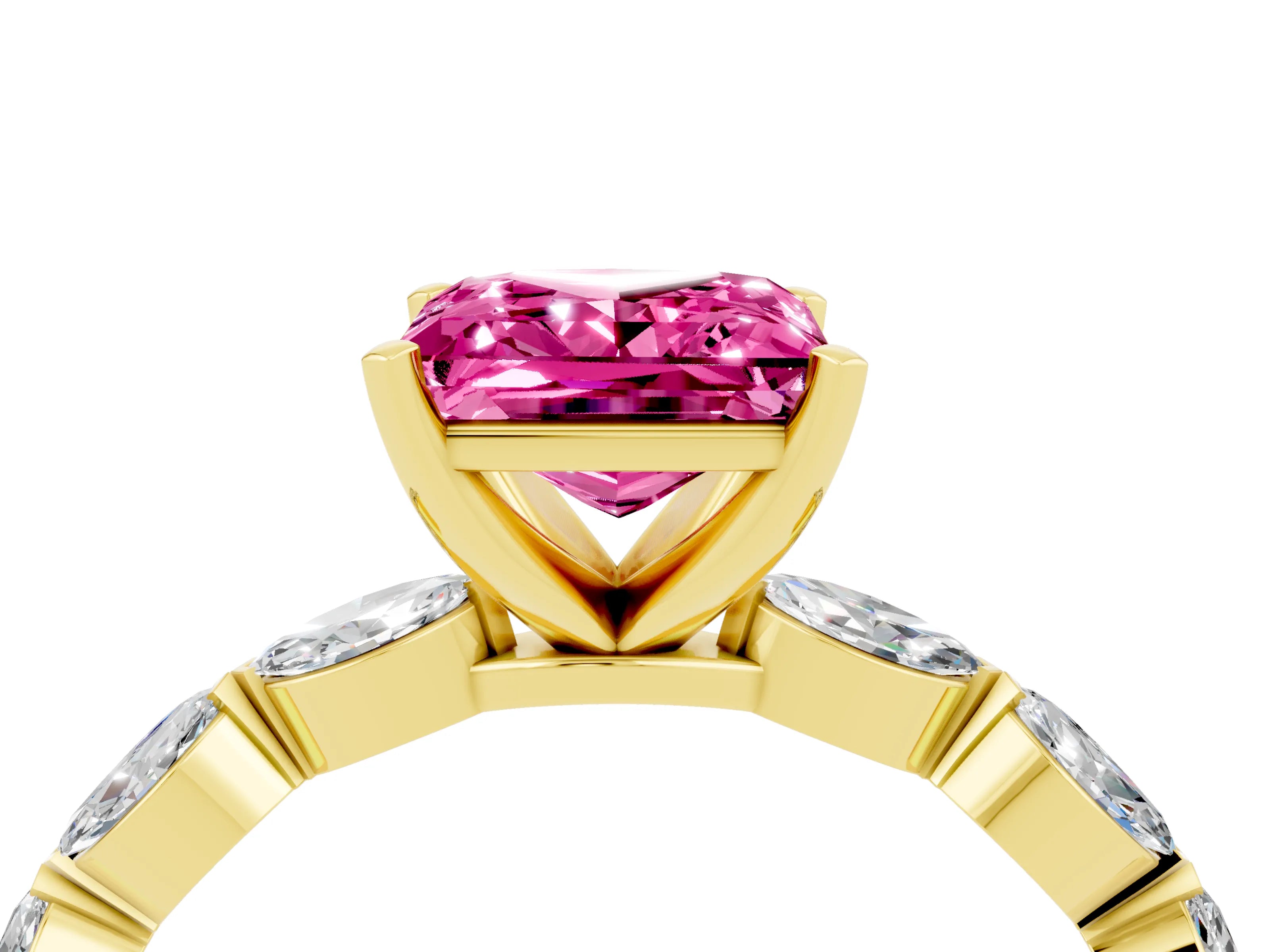 Yellow gold Princess Cut Pink Sapphire Ring with Marquise Side Stones and Prong Setting_16