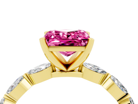 Yellow gold Princess Cut Pink Sapphire Ring with Marquise Side Stones and Prong Setting_16
