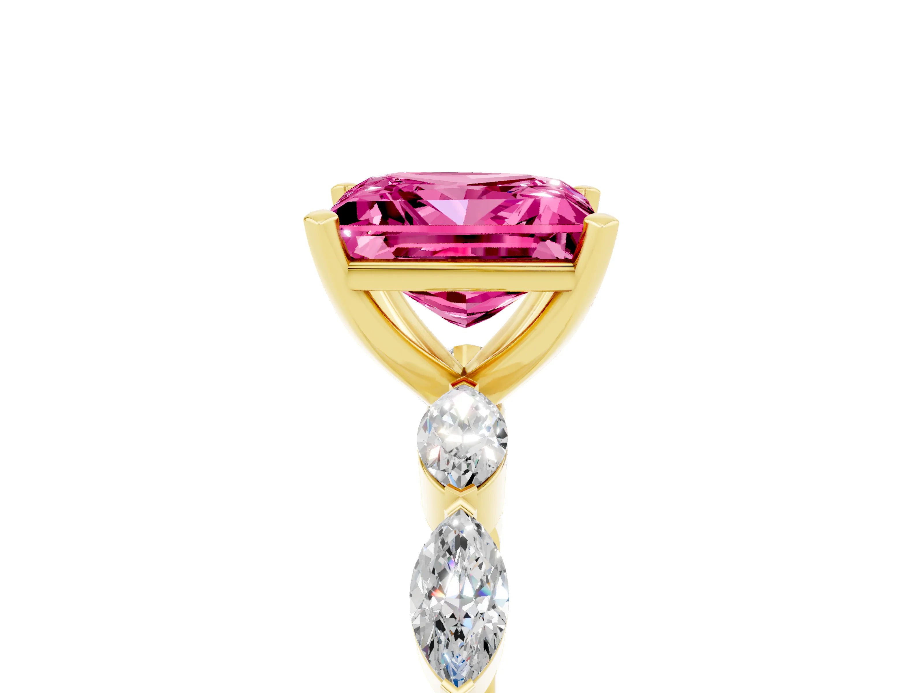 Yellow gold Princess Cut Pink Sapphire Ring with Marquise Side Stones and Prong Setting_17