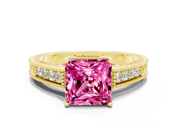 Yellow gold Princess Cut Pink Sapphire Ring with Milgrain Pavé Band and Four-Prong Setting