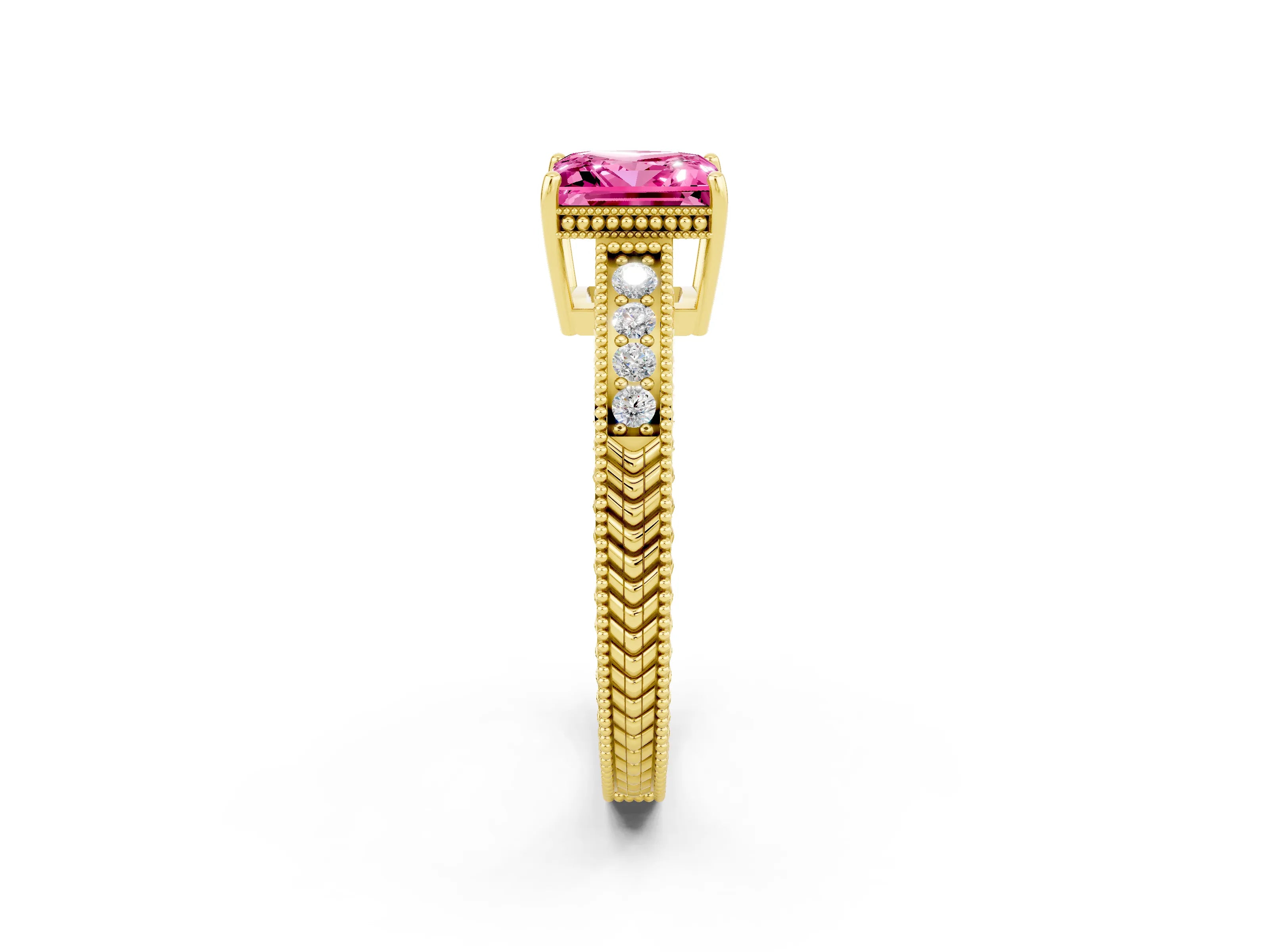Yellow gold Princess Cut Pink Sapphire Ring with Milgrain Pavé Band and Four-Prong Setting_38