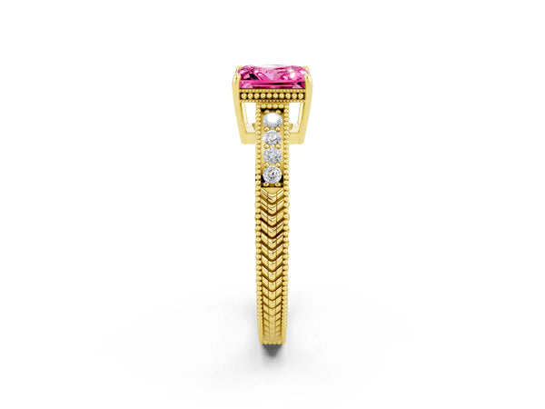 Yellow gold Princess Cut Pink Sapphire Ring with Milgrain Pavé Band and Four-Prong Setting