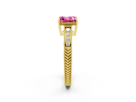 Yellow gold Princess Cut Pink Sapphire Ring with Milgrain Pavé Band and Four-Prong Setting_38